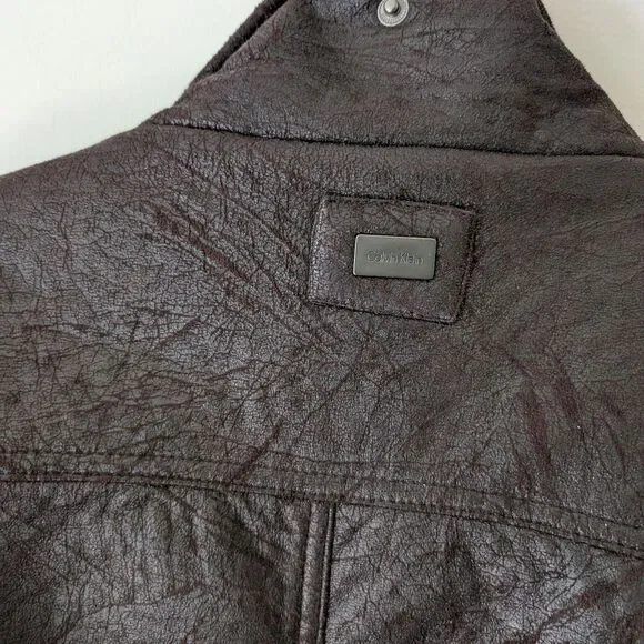 Calvin Klein Faux Leather Dark Brown Lined Biker Moto Jacket Coat Size XXL